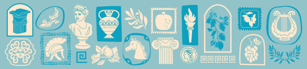 Greek vintage print set with hand-drawn Santorini stamps and mythology symbols. Mediterranean-style stickers featuring olive branches, ancient signs, and summer vacation elements. For postcards, trav