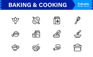 Baking Cooking Line Icon Set – Professional Minimal Editable Vector Icons for Culinary Recipes Kitchen
