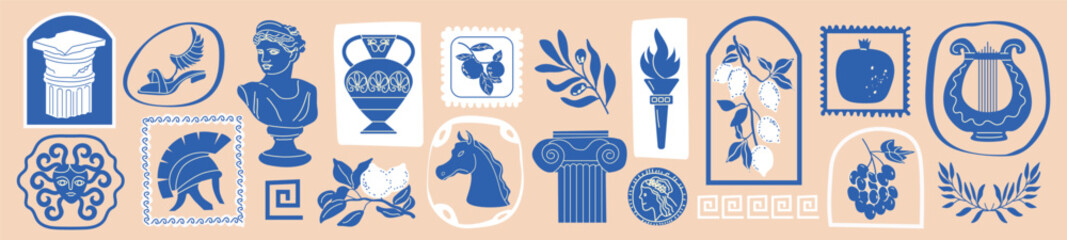 Greek vintage print set with hand-drawn Santorini stamps and mythology symbols. Mediterranean-style stickers featuring olive branches, ancient signs, and  summer vacation elements. For postcards, trav