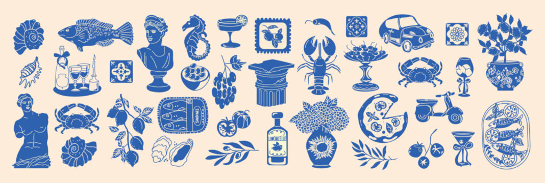 Hand-drawn Italian summer food icons. Vintage Mediterranean set with Amalfi lemons, wine bottles, and traditional cuisine symbols. Travel-themed stickers and emblems perfect for coastal vacation desig