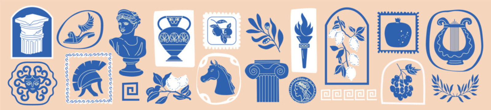 Greek vintage print set with hand-drawn Santorini stamps and mythology symbols. Mediterranean-style stickers featuring olive branches, ancient signs, and  summer vacation elements. For postcards, trav
