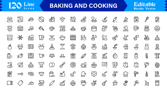 Baking Cooking Line Icon Set – Professional Minimal Editable Vector Icons for Culinary Recipes Kitchen