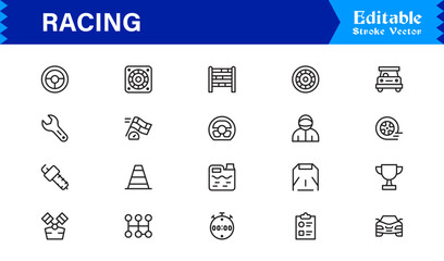 Racing Essentials in a Professional Line Icon Set – Modern, Minimal, Pixel-Perfect Symbols for Motorsports and Speed Themes