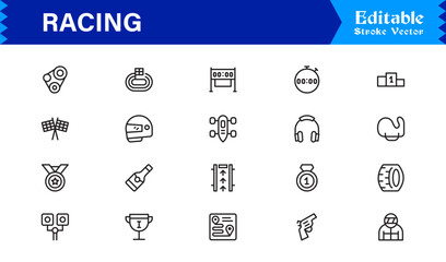 Racing Essentials in a Professional Line Icon Set – Modern, Minimal, Pixel-Perfect Symbols for Motorsports and Speed Themes