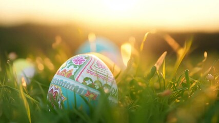 Horizontal video colorful Easter eggs lying on green meadow grass - Powered by Adobe