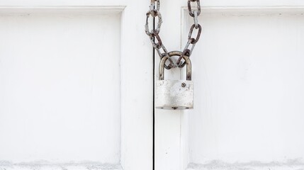 Metal padlock secured with a chain on a white door, symbolizing security and protection, showcasing the importance of safety measures in everyday life and property management