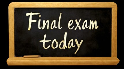 Fototapeta premium Blackboard displaying handwritten message about final exam today, with wooden frame and chalk, creating an educational atmosphere for students preparing for assessments