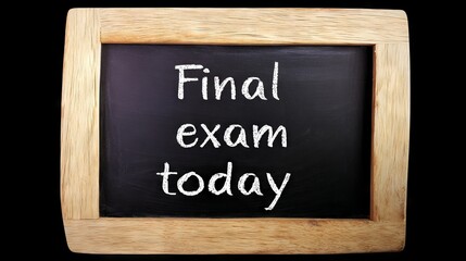 Chalkboard displaying message about final exam today, framed in wood, emphasizing educational context and urgency of academic assessments for students