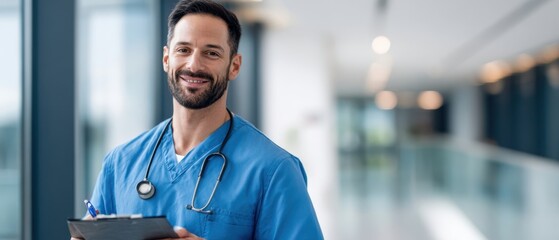 The smiling doctor holding a clipboard in a modern hospital hallway.