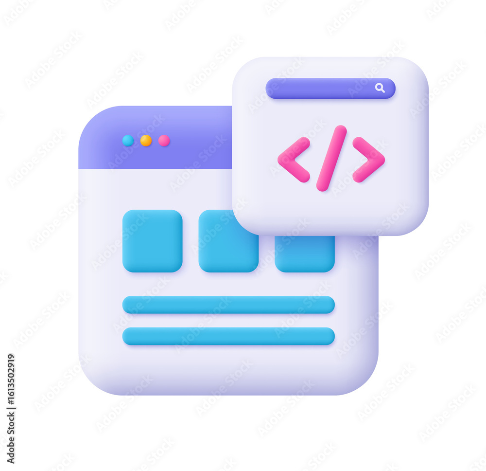 Fototapete modern website development: 3d render of webpage and code interface