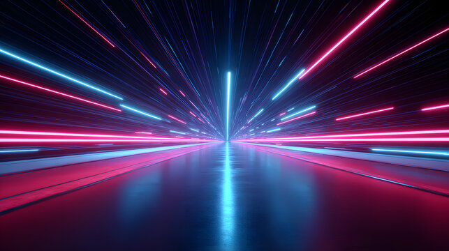 glowing neon tunnel with streaks of blue and purple light filled with floating holographic symbols digital code motion blur and deep sci-fi atmosphere