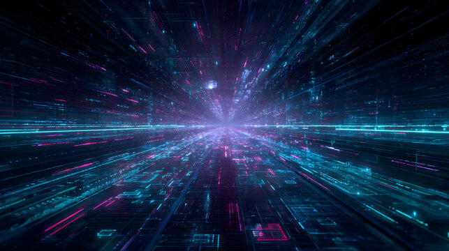 glowing neon tunnel with streaks of blue and purple light filled with floating holographic symbols digital code motion blur and deep sci-fi atmosphere