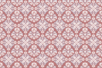 This traditional Thai pattern features alternating floral and heart-shaped motifs in soft white and pink tones. The symmetrical layout on a muted background adds a refined and delicate elegance.