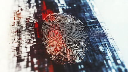 Abstract fingerprint graphic overlaid on a digital data stream.  Ideal for tech, security, and identity concepts.  Highresolution image perfect for website banners, presentations, and articles.