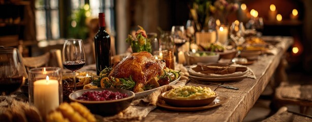 Festive Thanksgiving feast on a rustic wooden table