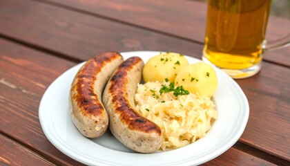 A delicious dinner plate featuring grilled sausages with fried potatoes and a refreshing beer