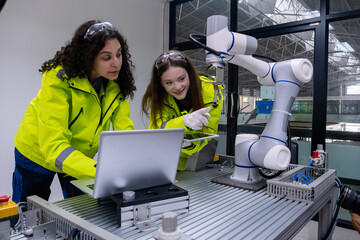 Engineers collaborate on robotic technology in a modern facility during daytime hours