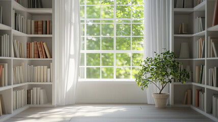 Fototapeta premium Stylish white bookshelf in living room