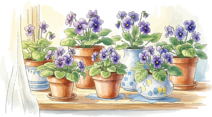 Collection of Potted African Violets in Watercolor Style with Purple Blossoms