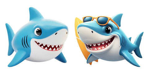 3D cartoon smiling sharks with sunglasses and surfboard isolated on transparent background, PNG file add