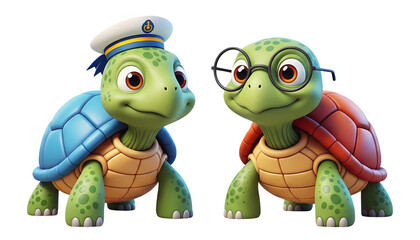 Fototapeta premium 3D cartoon turtles in sailor hat and glasses isolated on transparent background, PNG file add