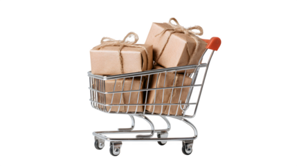 Mini Shopping Cart with Kraft Gift Boxes on White Surface