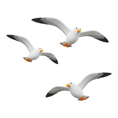 3D cartoon flying seagulls isolated on transparent background, PNG file add