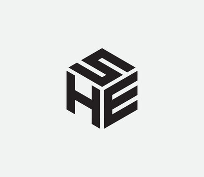 Modern Geometric Cube Monogram Logo Design, "SHE" hexagon cubic alphabet letter vector geometric font Logo for design. Initial three letters template logo. Vector Illustration
