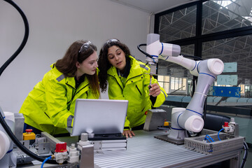 Engineers collaborate on robotics programming in modern workshop during daytime hours