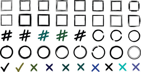Vector set of hand drawn check boxes circles cross hash for design elements and icons