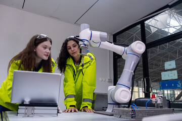 Two engineers collaborating with a robotic arm in a modern workspace during daylight hours