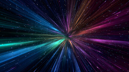 glowing neon tunnel with streaks of blue and purple light filled with floating holographic symbols digital code motion blur and deep sci-fi atmosphere