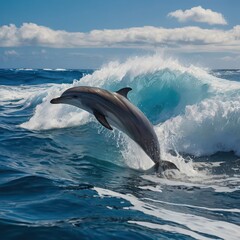 Fototapeta premium A dolphin leaping out of the ocean water with a large wave and cloudy sky in the background view