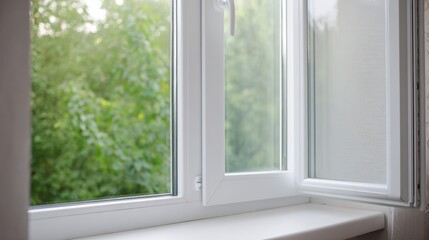 Obraz premium Closed PVC window in a softly lit room with a clean and simple composition.