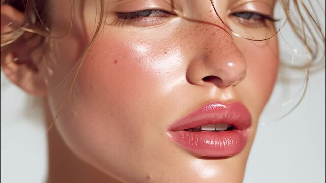 Glowing skin, soft pink lips showcasing professional makeup artistry for beauty industry marketing campaign video 4k