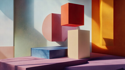 Familiar objects constructed from layered colored squares with minimalist background