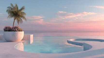 Tranquil coastal scene features an infinity pool overlooking a calm ocean under a pastel sunset sky, with palm and floral decor