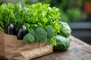 Fresh green vegetables in paper bag on wooden table  
