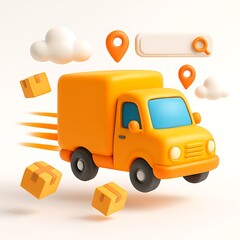 Fast delivery truck with packages and location pins 3d illustration