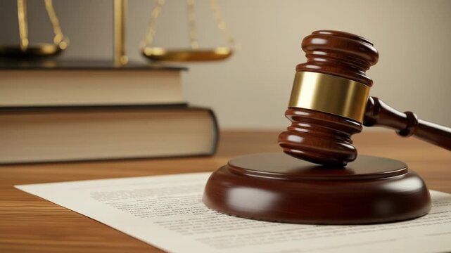 A wooden gavel rests on its base, above a document. Behind is a stack of books and a blurred golden scale. The setting evokes law and justice