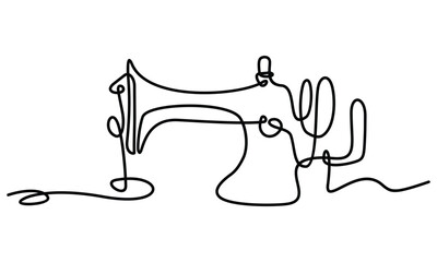 Sewing machine in continuous line art drawing style. Abstract old style sewing-machine for atelier or tailor sign design. Minimalist black linear sketch Vector Template Illustration
