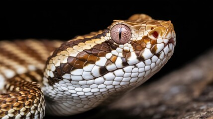 Obraz premium Close-up of a venomous snake with detailed scales and a striking eye pattern against a dark background.