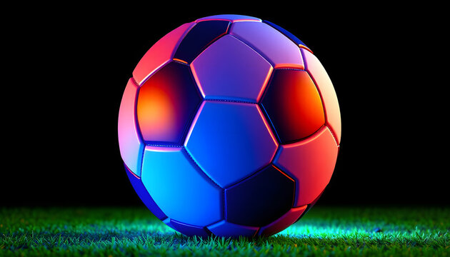 Vibrant Soccer Ball Illuminated with Blue and Red Light on Green Grass, Dark Background.