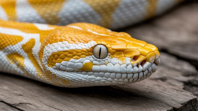 Close-up of a yellow and white python snake resting on a wooden surface, showcasing detailed scales and textured skin.