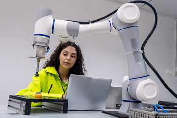 Engineer collaborates with robotic arm in innovation lab during daytime operation