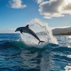 Fototapeta premium A dolphin leaping out of the ocean water with a splash against a backdrop of blue sky and clouds