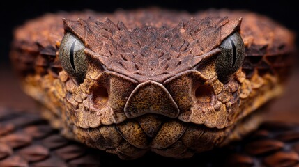 Close-up image of a Gaboon viper's face showing its intricate scales, sharp eyes, and unique horn-like features.