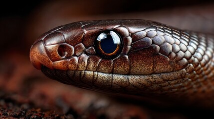 Fototapeta premium Close-up of a snake's head showcasing detailed scales, eye, and textured skin in a dark, natural environment.