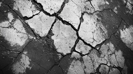 A closeup view of cracked and weathered asphalt revealing a rough, textured surface