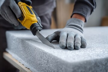 Worker Cutting Aluminum Foil Foam Board with Knife – Close-Up of Construction Material Handling
